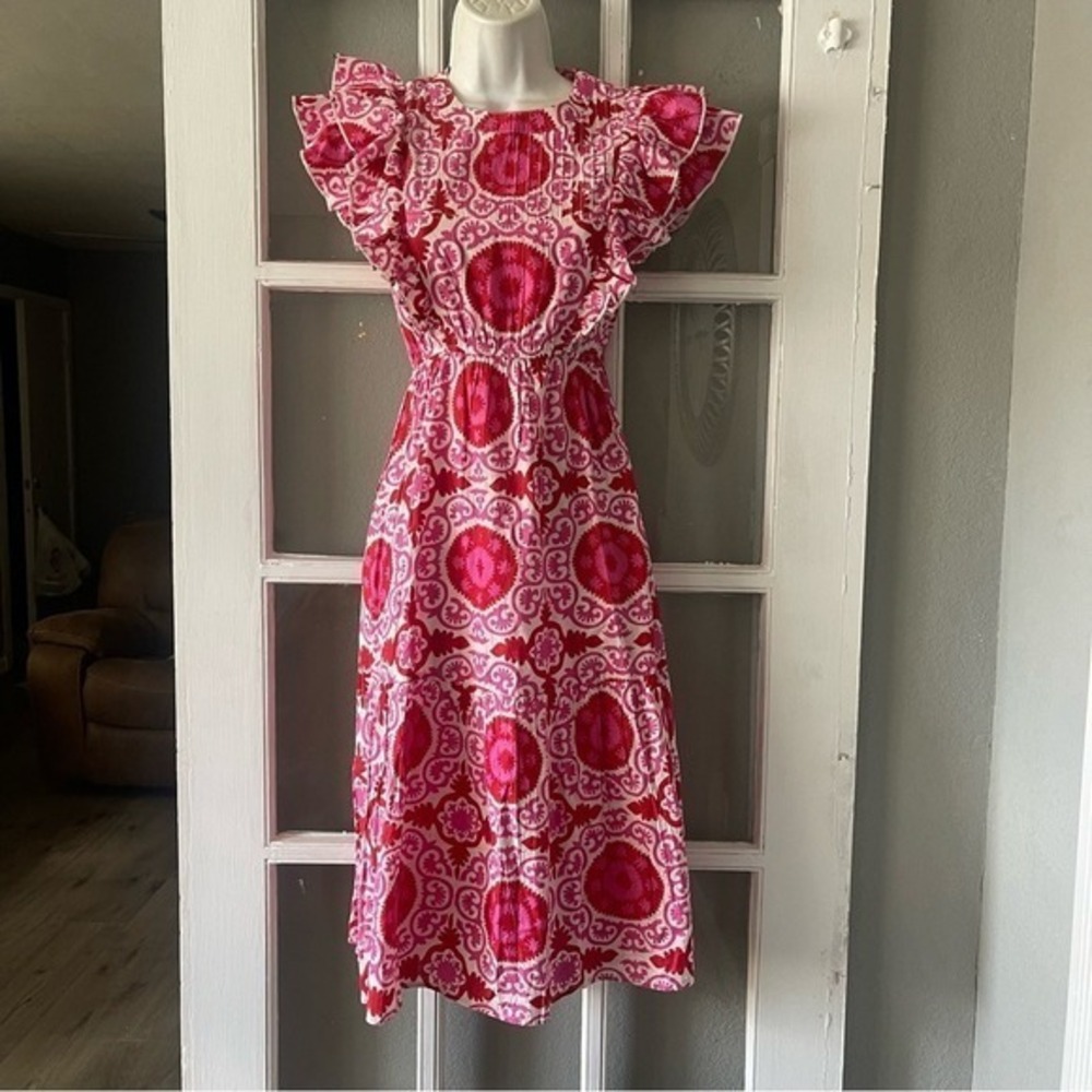 Sal Rosa Pink Patterned Ruffle Sleeve Dress - Picture 2 of 8
